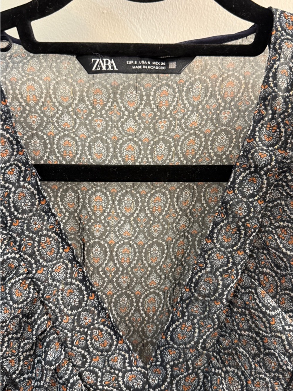 ZARA Boho Paisley Ruffle Maxi Dress Size S Blue Orange - Picture 4 of 13